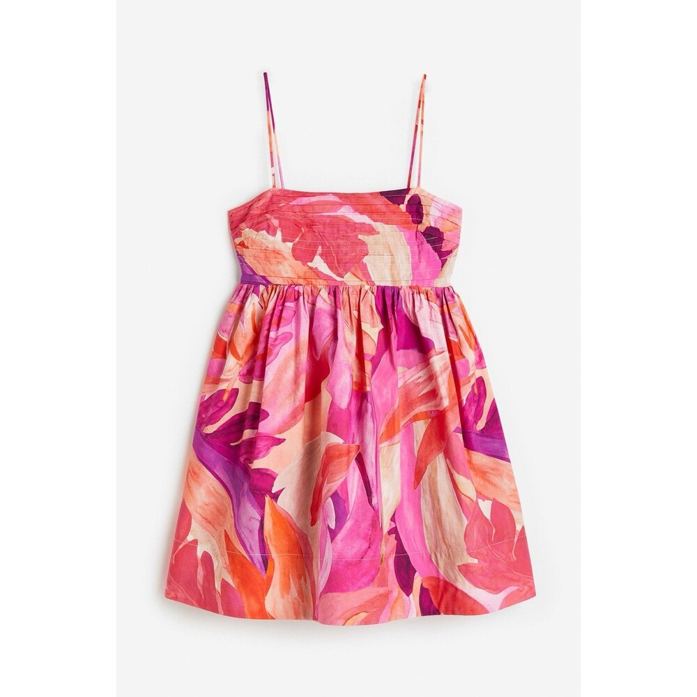 H&M Leaf Print Babydoll Mini Dress Pink Multi 100% Organic Cotton Medium NWT’s - Picture 5 of 16